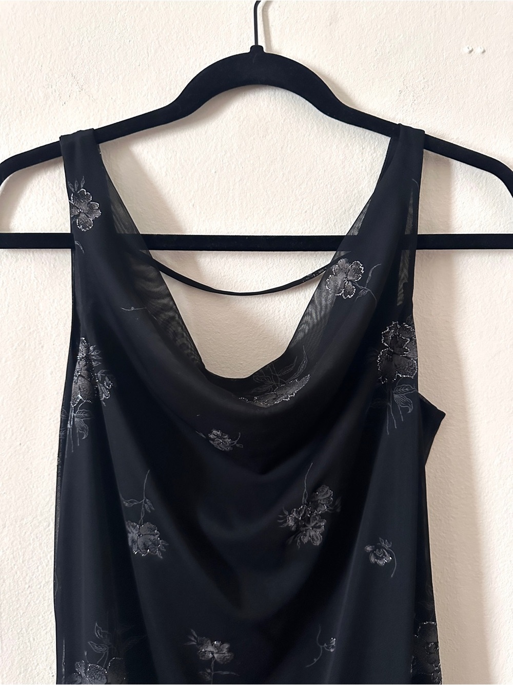 Vintage Y2K Byer Too Whimsigoth Black Midi Dress with Metallic Silver Florals